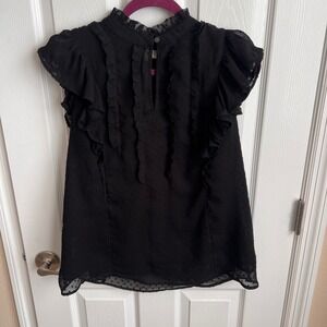 LOFT Black Swiss Dot Ruffle Mock Neck Flutter Sleeve Blouse Size L